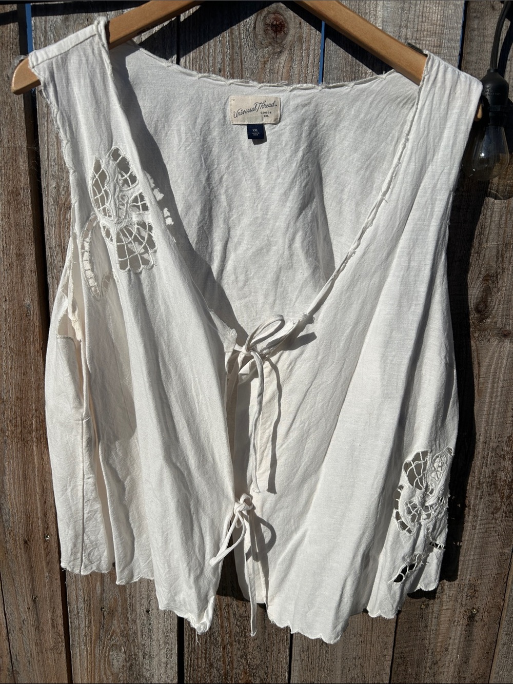 Universal Thread Cream Linen Tie-Front Vest with Crochet Accents
